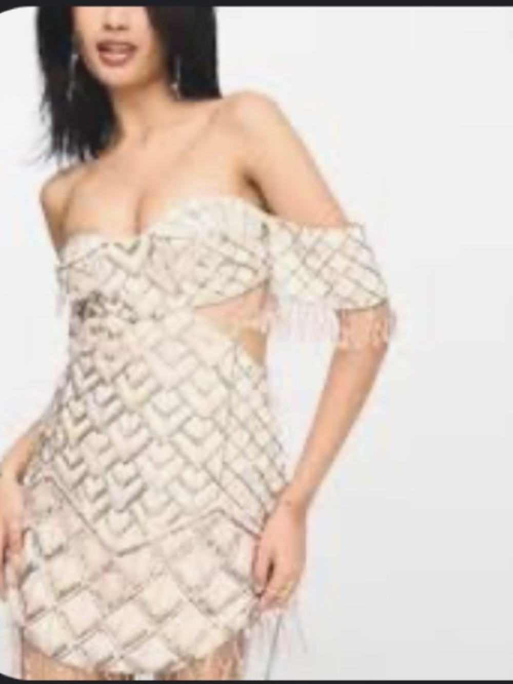 ASOS LUXE Embellished Fringe Off-Shoulder Mini Dress - Blush Pink - Picture 2 of 6